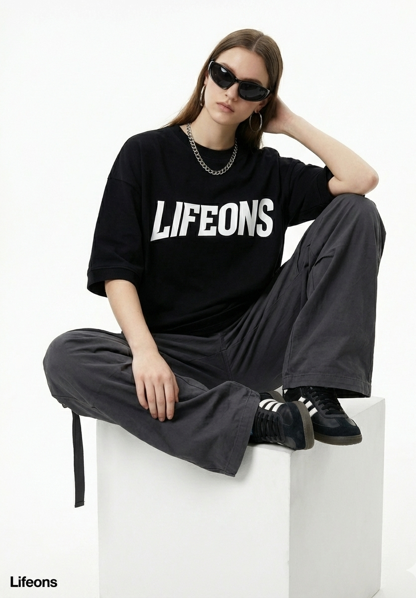 LIFEONS Oversized Black T-Shirt | Premium Streetwear Tee | Minimal Logo Edition